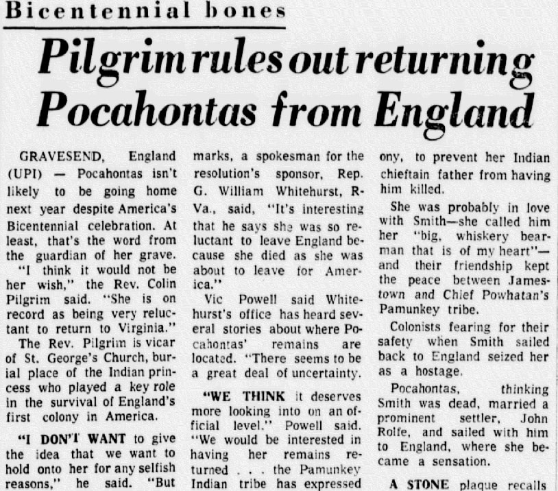 An article about Pocahontas, Dallas Morning News newspaper article 20 November 1975