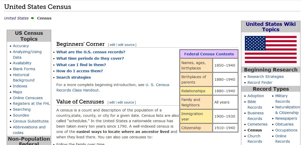 A screenshot of FamilySearch's "U.S. Census" page
