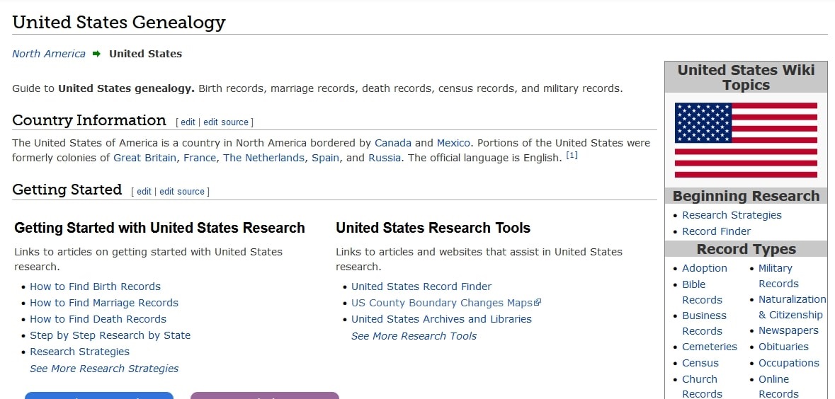 A screenshot of FamilySearch's "United States Genealogy" page