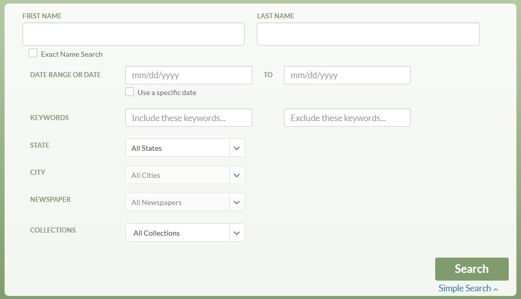 A screenshot of GenealogyBank's Advanced Search box