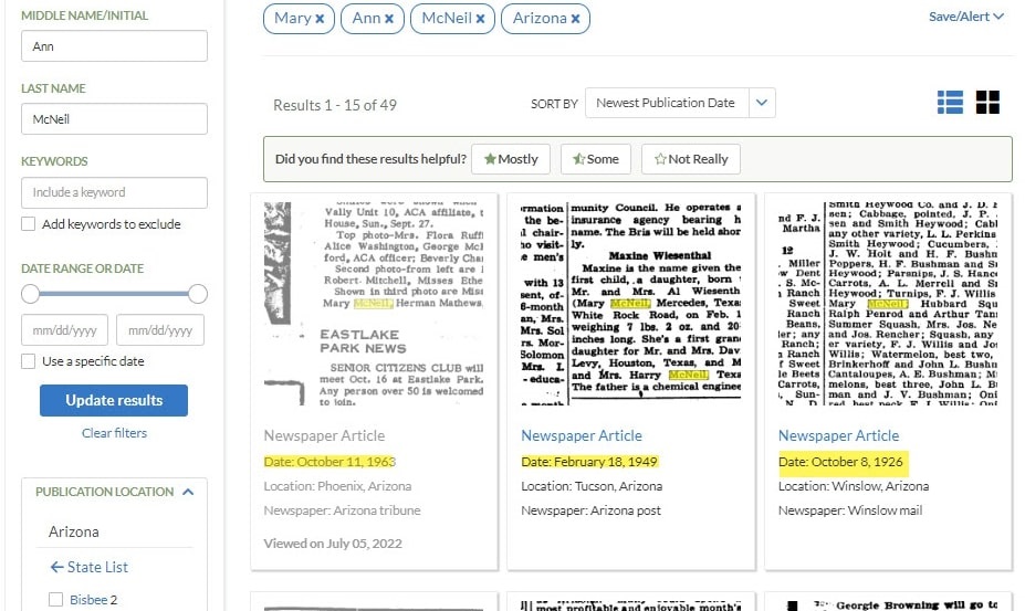 A screenshot of GenealogyBank's Search Results page showing the option to sort by Newest Publication Date