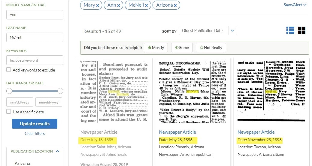 A screenshot of GenealogyBank's Search Results page showing the option to sort by Oldest Publication Date