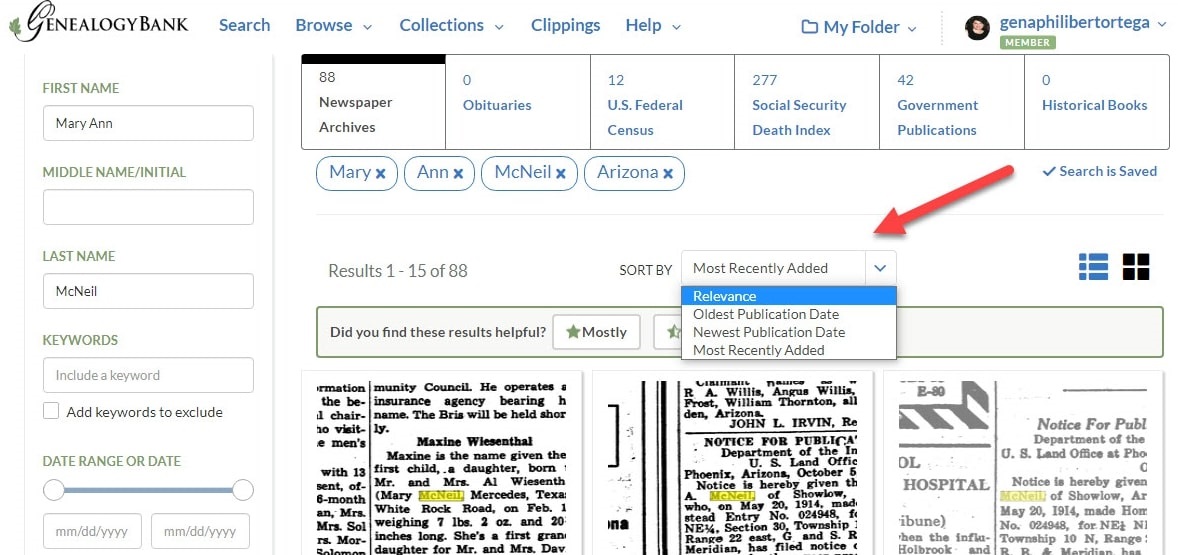 A screenshot of GenealogyBank's Search Results page showing sorting options