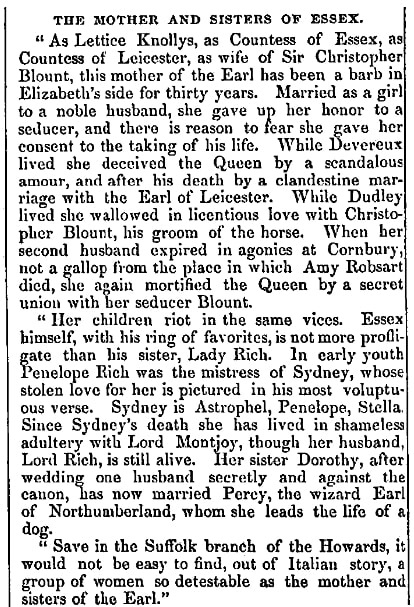 An article about Lettice Knollys, New-Hampshire Statesman newspaper article 13 April 1861