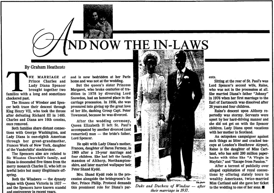 An article about the lineage of the Houses of Windsor and Spencer, Oregonian newspaper article 2 August 1981