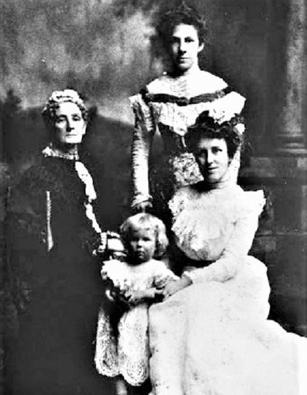Photo: four generations of Montagues. Left: Melinda Meredith Fox Montague. Standing: Sallie Watson Montague Lefroy. Seated: Helena Trench Lefroy Caperton with her first born, Arthur Lefroy Caperton. Photo taken in 1900. Courtesy of Salle Bingham, a direct descendant.