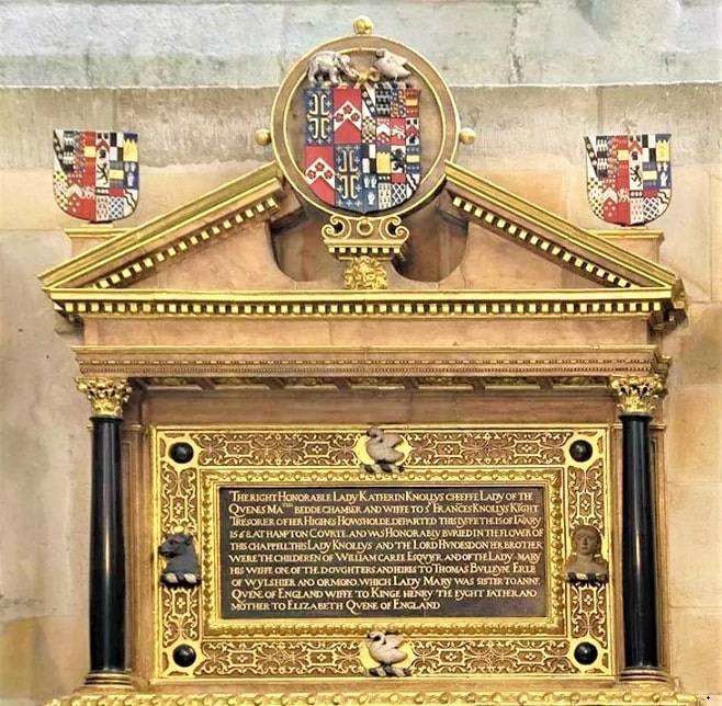 Photo: “On the wall of St Edmund’s chapel in Westminster Abbey is a coloured alabaster monument near the grave of Katherine, wife of Sir Francis Knollys (he died in 1596 and is buried at Rotherfield Greys church in Oxfordshire).” Courtesy of Westminster Abbey. Image © 2022 Dean and Chapter of Westminster.
