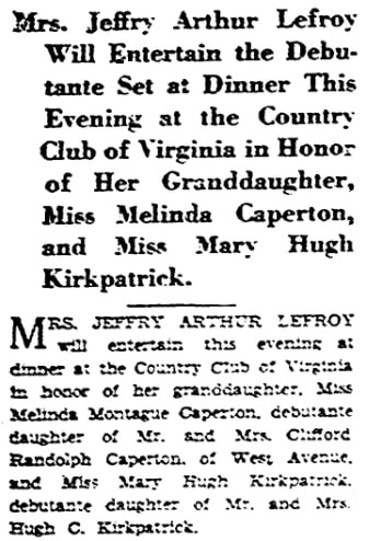 An article about Sallie Lefroy, Richmond Times-Dispatch newspaper article 16 November 1929