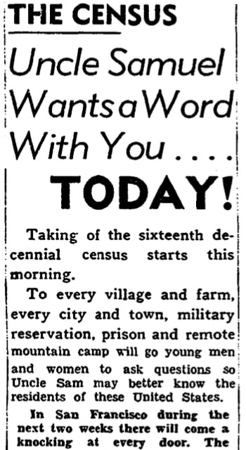 An article about the 1940 census, San Francisco Chronicle newspaper article 2 April 1940