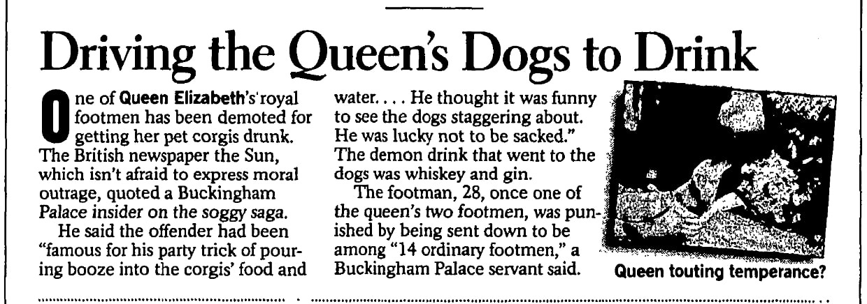 An article about the royal corgis, San Francisco Chronicle newspaper article 23 July 1999
