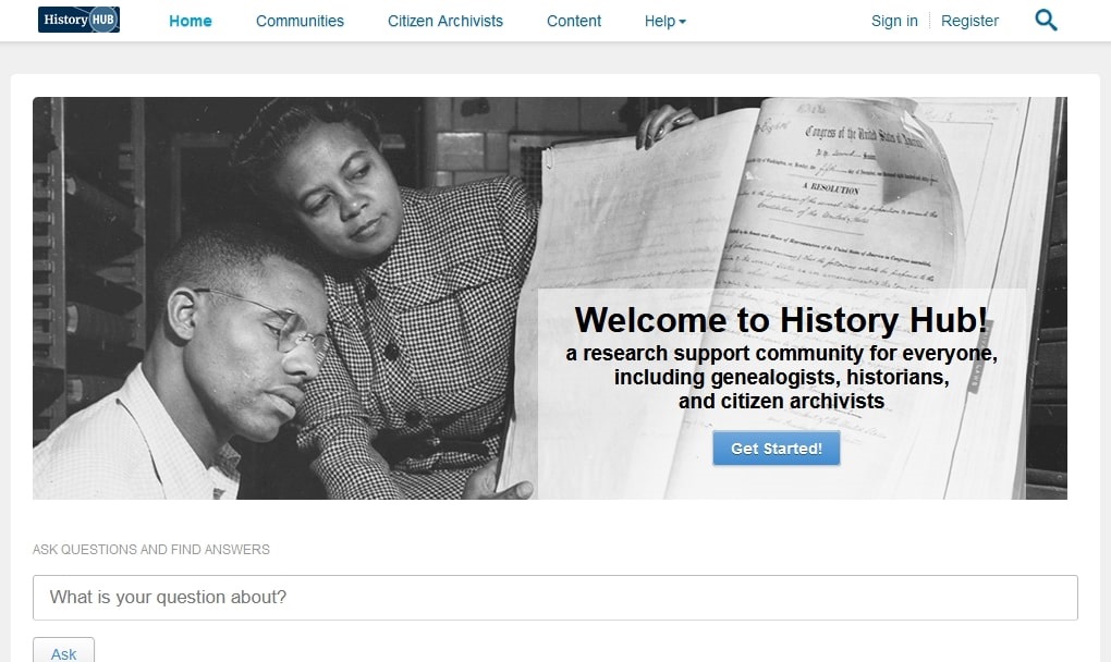 A screenshot of the National Archives' "History Hub" page