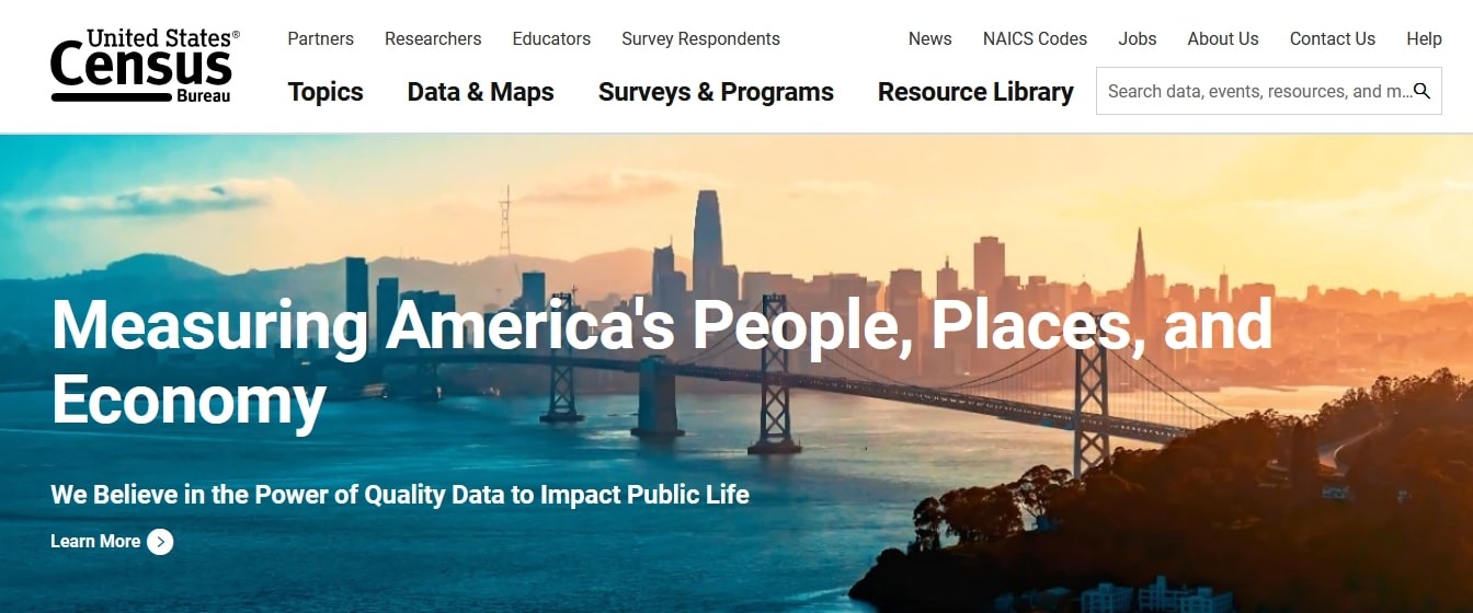 A screenshot of the U.S. Census Bureau's homepage