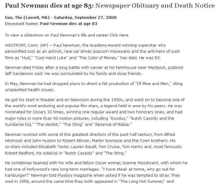 An obituary for Paul Newman, Sun newspaper article 27 September 2008