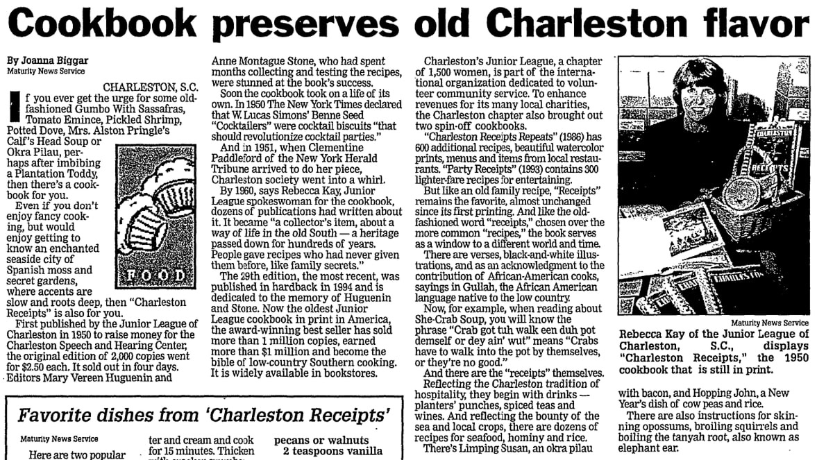 An article about Junior League cookbooks, Anderson Independent-Mail newspaper article 23 March 1997