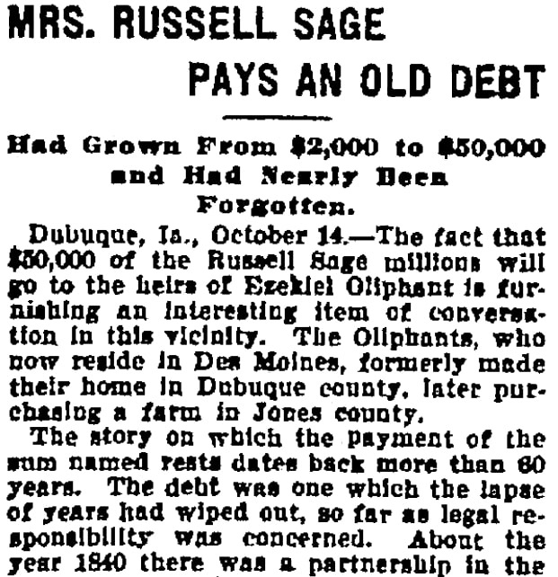 An article about Margaret Olivia Slocum Sage, Baltimore American newspaper article 15 October 1907