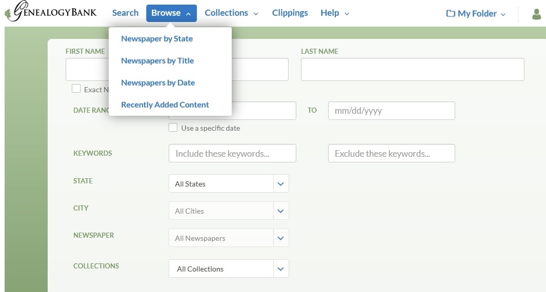 A screenshot of GenealogyBank showing the browse "Newspapers by State" feature