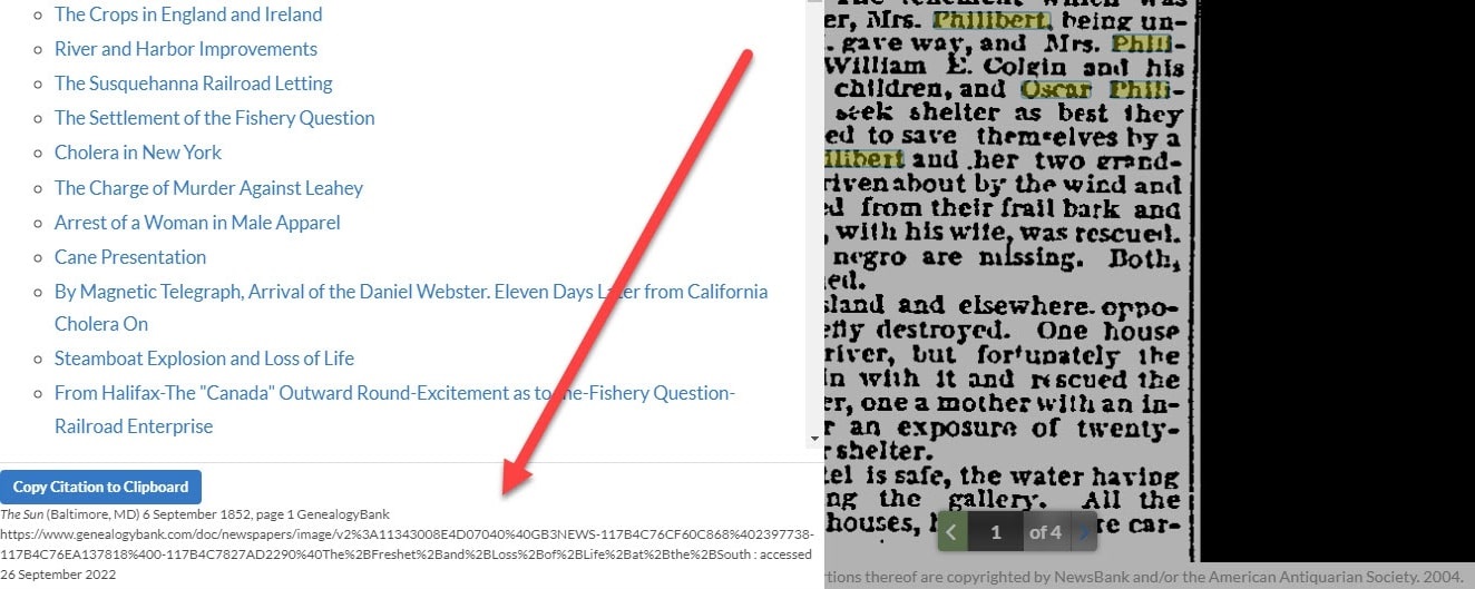 A screenshot of GenealogyBank showing the source citation feature