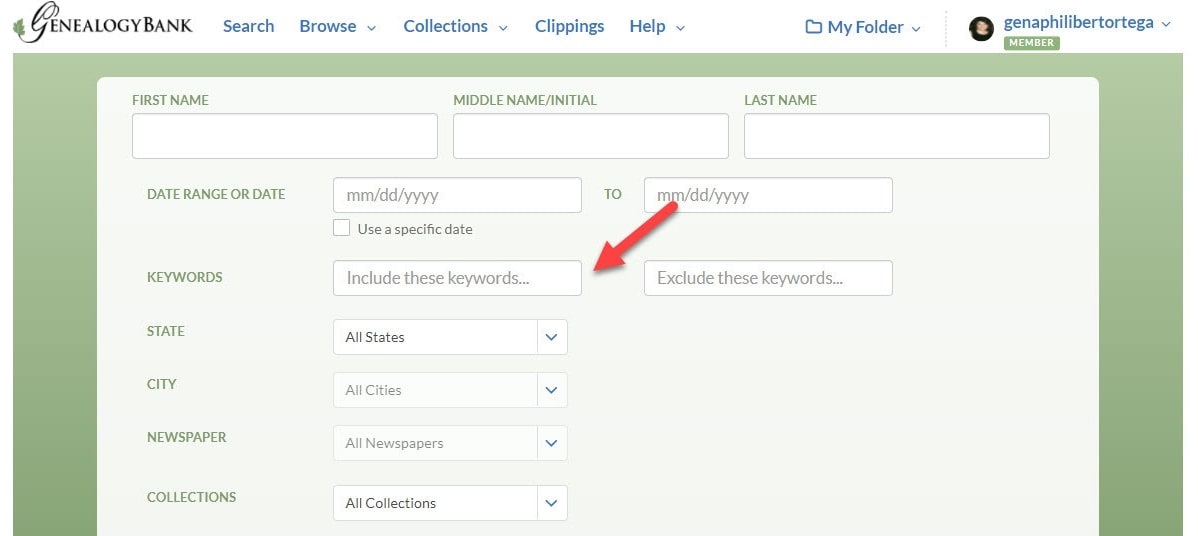 Screenshot: GenealogyBank's search page showing the "Include these keywords" feature