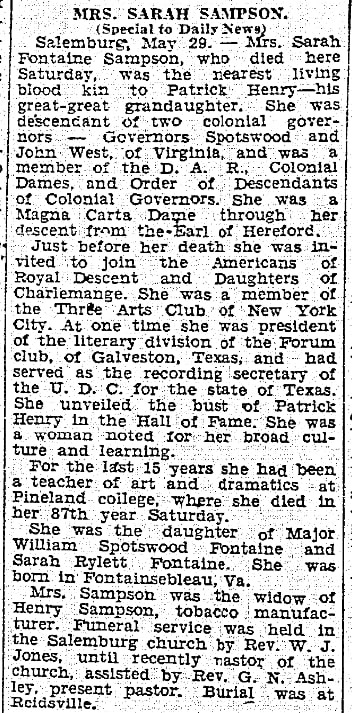 An obituary for Sarah Sampson, Greensboro Daily News newspaper article 30 May 1935