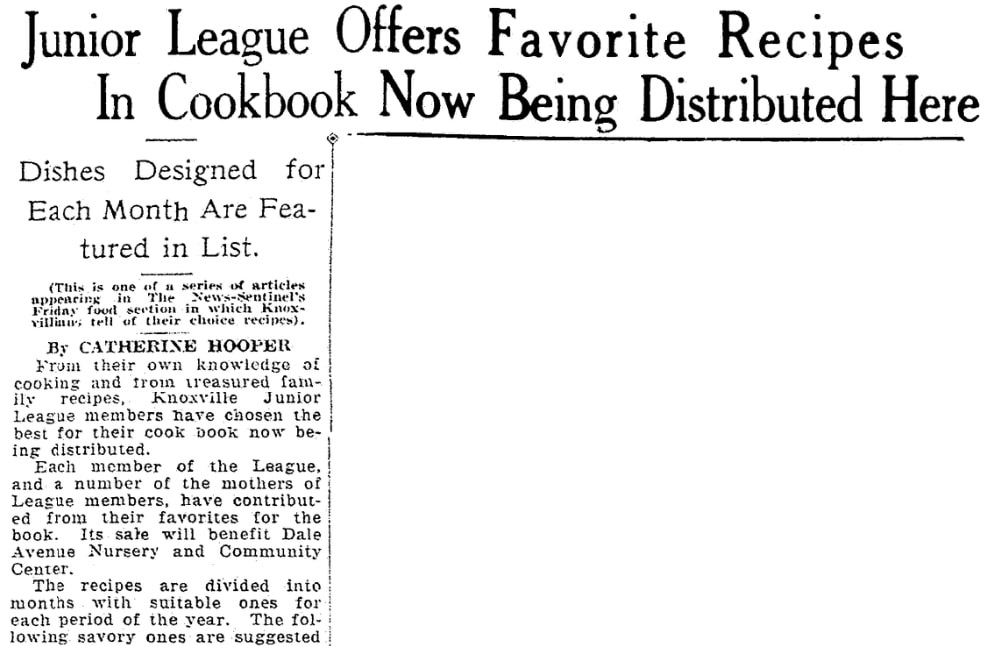 An article about Junior League cookbooks, Knoxville News-Sentinel newspaper article 4 January 1935