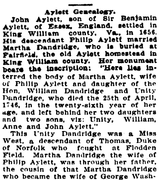 An article on the Aylett family lineage, Montgomery Advertiser newspaper article 2 July 1905