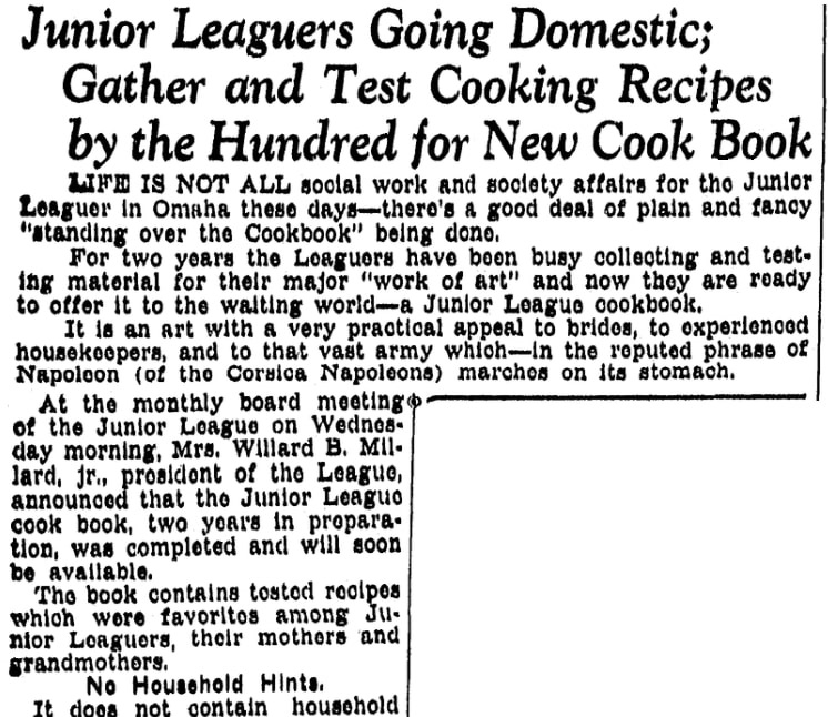 An article about Junior League cookbooks, Omaha World-Herald newspaper article 6 April 1933