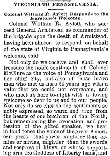 An article about a speech William Aylett gave to a reunion of Civil War veterans, Patriot newspaper article 4 July 1887