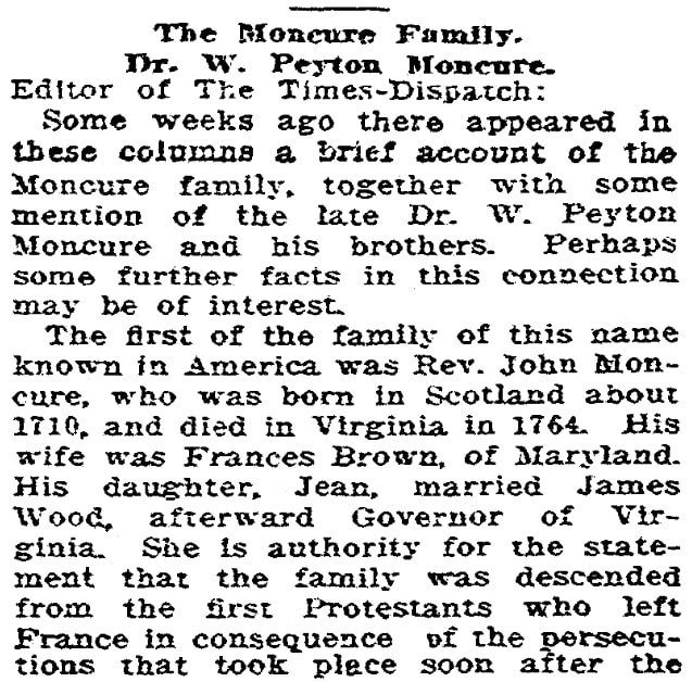 An article about the Moncure family line, Richmond Times-Dispatch newspaper article 11 June 1916