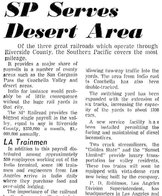 An article about the Southern Pacific Railroad, Riverside Independent Enterprise newspaper article 19 June 1955