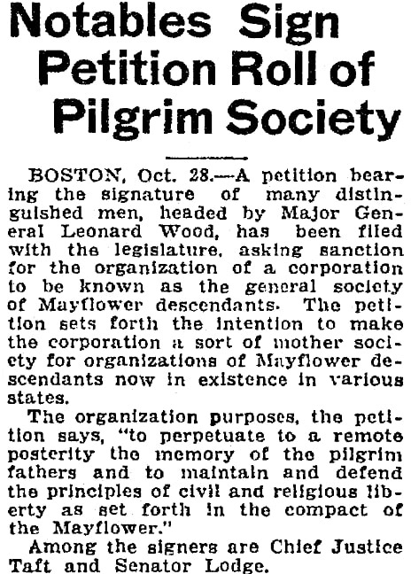 An article about Mayflower descendants, Salt Lake Telegram newspaper article 29 October 1922