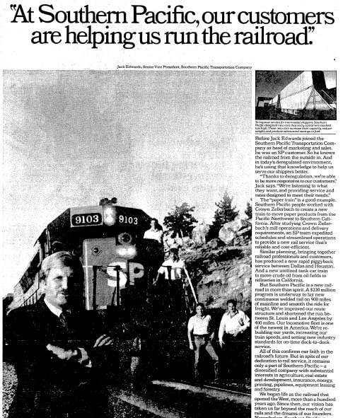 An article about the Southern Pacific Railroad, San Francisco Chronicle newspaper article 3 October 1983