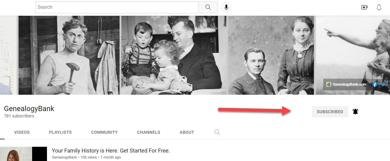 A screenshot of the GenealogyBank YouTube channel