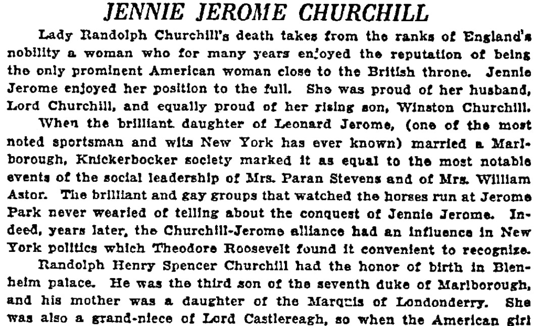 An article about Jennie (Jerome) Churchill, Duluth News-Tribune newspaper article 3 July 1921