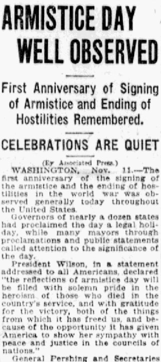 An article about the first Armistice Day, Fort Wayne News Sentinel newspaper article 11 November 1919
