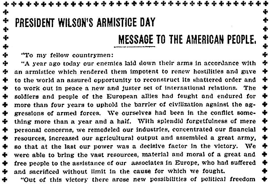 An article about the first Armistice Day, Idaho Falls Times newspaper article 13 November 1919