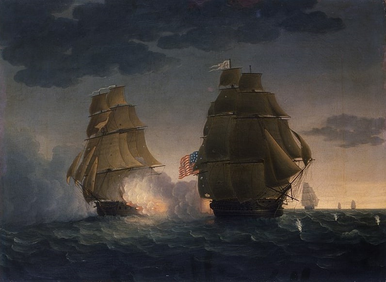 Illustration: HMS Endymion (left) battles USS President in 1815 during the War of 1812, by Thomas Buttersworth. Credit: New-York Historical Society; Wikimedia Commons.