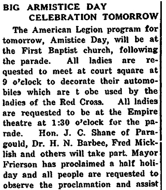 An article about the first Armistice Day, Jonesboro Daily Tribune newspaper article 10 November 1919