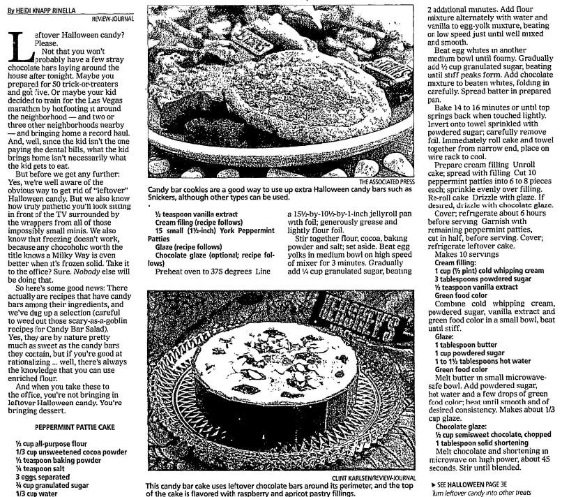 Recipes for using leftover Halloween candy, Las Vegas Review-Journal newspaper article 31 October 2007