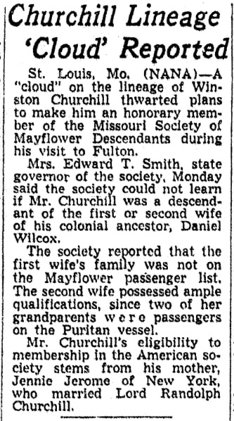 An article about Churchill's Mayflower lineage, Omaha World-Herald newspaper article 23 April 1946