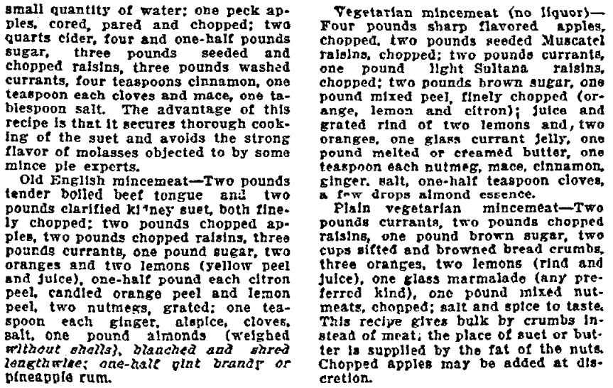 Mincemeat recipes, Oregonian newspaper article 19 November 1911