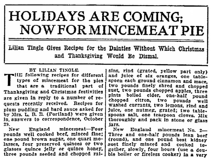 Mincemeat recipes, Oregonian newspaper article 19 November 1911