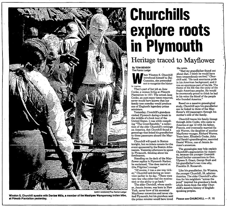 An article about Churchill's Mayflower lineage, Patriot Ledger newspaper article 12 October 1999