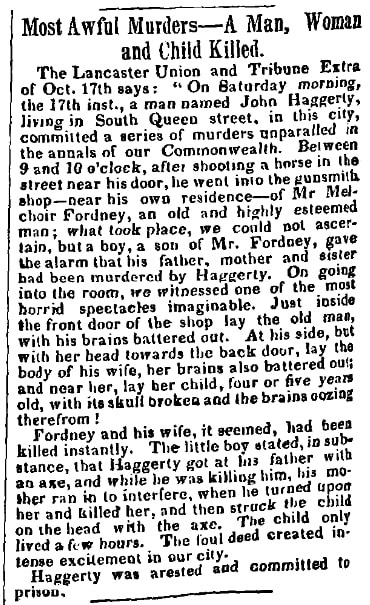 An obituary for the Fordney family, Pennsylvania Telegraph newspaper article 21 October 1846