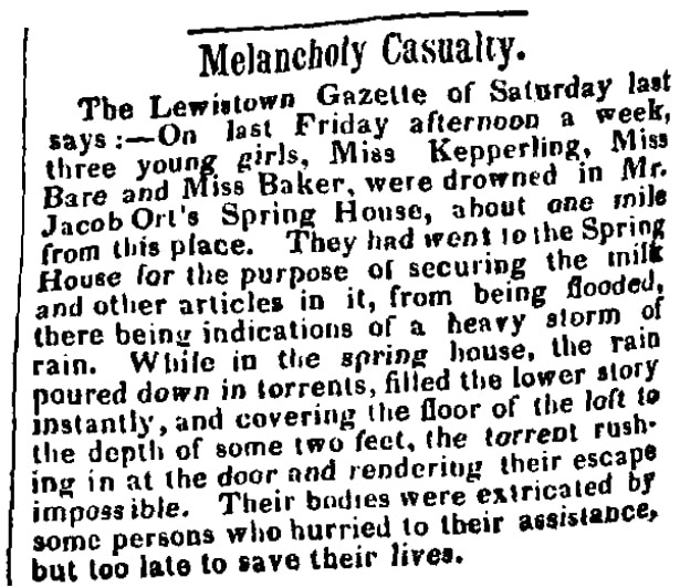 An obituary for three drowned girls, Pennsylvania Telegraph newspaper article 21 October 1846