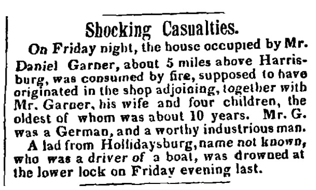 An obituary for the Garner family, Pennsylvania Telegraph newspaper article 21 October 1846