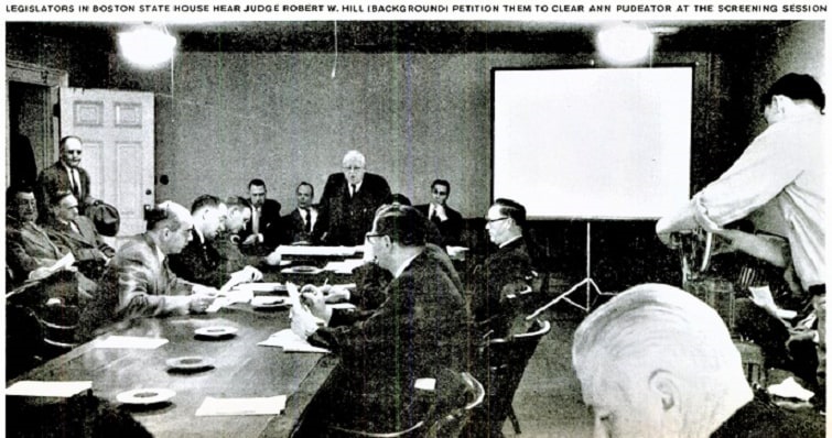 Photo: hearing in 1957 on legislation to exonerate the Salem witches, State House, Boston, Massachusetts. Credit: Life Magazine, March 1957, “No Legal Switch to Clear a Witch," page 50, public domain.