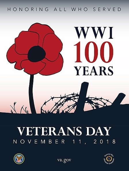 Photo: poster for 2018 Veterans Day, on the occasion of the 100th anniversary of the end of World War I. Credit: VA Office of Public and Intergovernmental Affairs poster gallery; U.S. Department of Veterans Affairs; Wikimedia Commons.