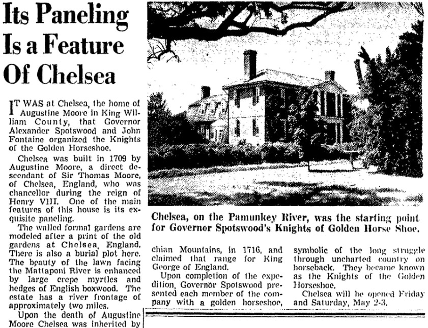 An article about the Virginia plantation house "Chelsea," Richmond Times-Dispatch newspaper article 20 April 1952