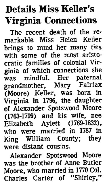 An article about Helen Keller, Richmond Times-Dispatch newspaper article 9 June 1968