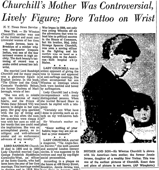 An article about Lady Randolph Churchill, Utica Observer-Dispatch newspaper article 25 January 1965